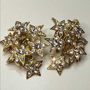 VTG layered 80’s Goldtone dangle star Cluster Crystal Clip Earrings articulated